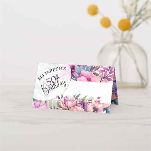 Pretty Purple and Pink Floral 50th Birthday Place Card