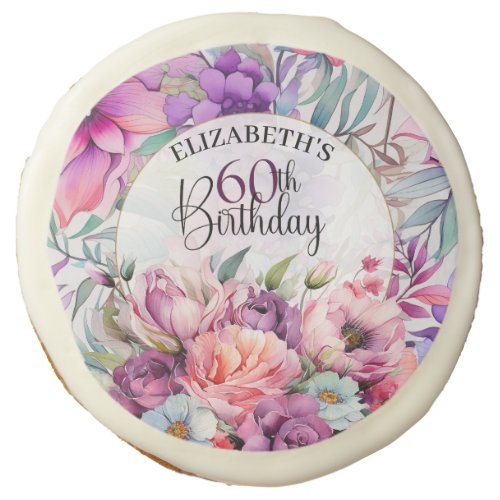 Pretty Purple and Pink Floral 60th Birthday Sugar Cookie