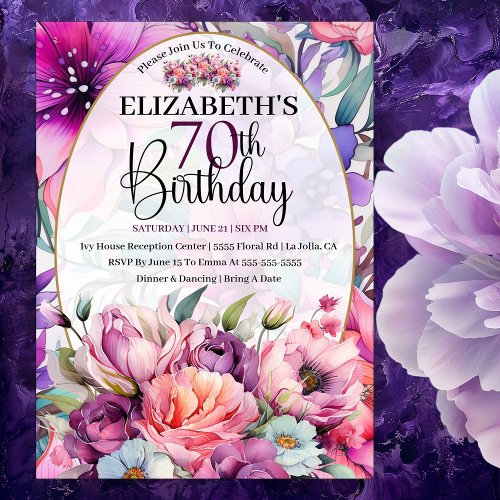 Pretty Purple and Pink Floral 70th Birthday Invitation