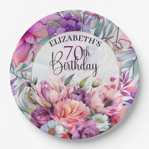 Pretty Purple and Pink Floral 70th Birthday Paper Plates