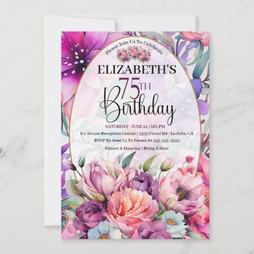 Pretty Purple and Pink Floral 75th Birthday Invitation