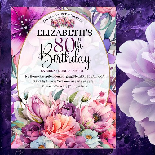Pretty Purple and Pink Floral 80th Birthday Invitation