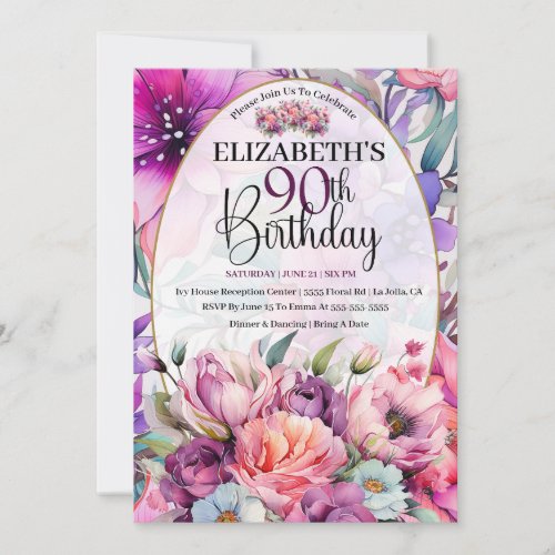Pretty Purple and Pink Floral 90th Birthday Invitation
