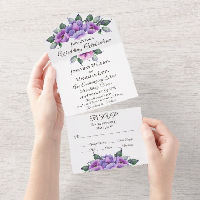 Pretty Purple and Pink Flower Garden Wedding All In One Invitation (Tearaway)