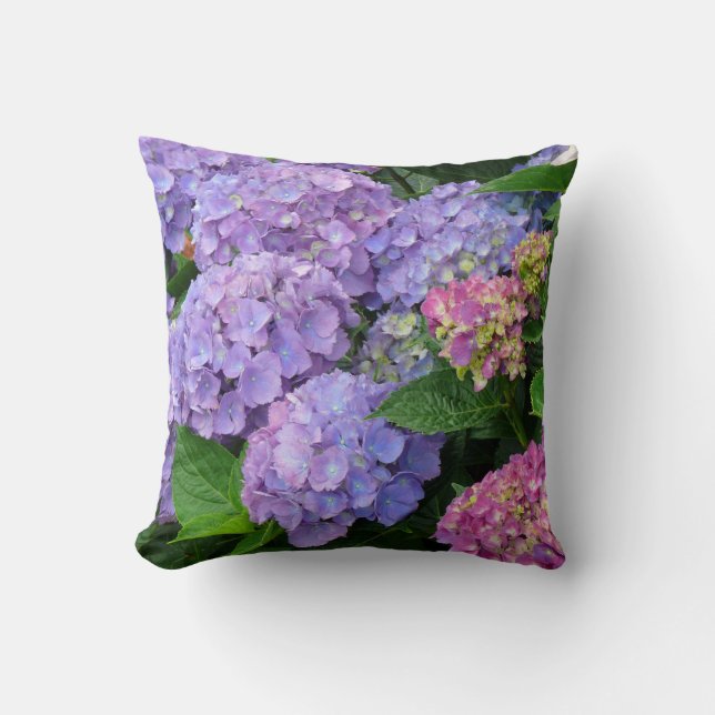 Pretty Purple and Pink Hydrangea Flowers Throw Pillow (Front)