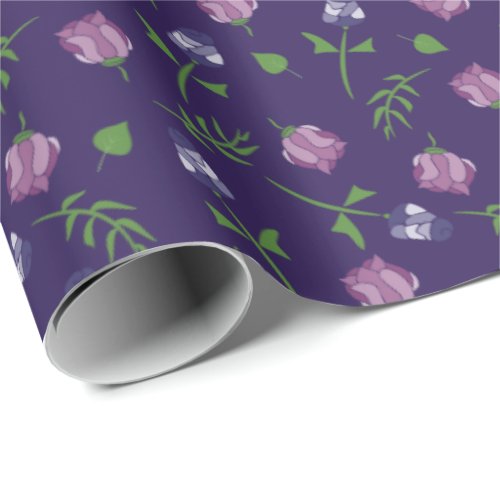 Pretty Purple and Pink Roses Rosebud Floral Print Wrapping Paper