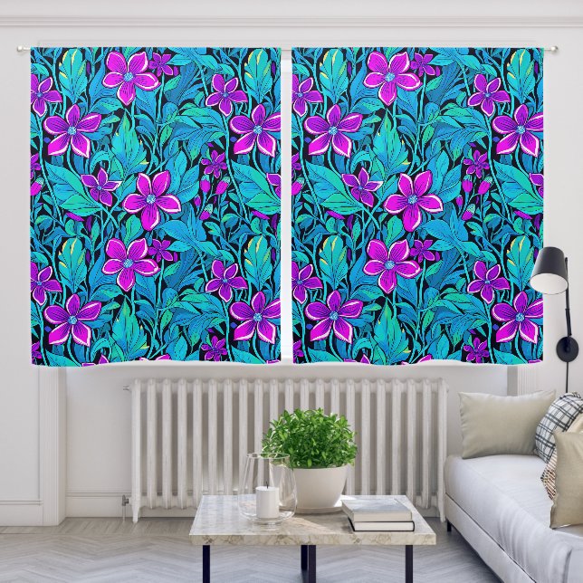 Pretty Purple and Teal Blue Floral Blackout Curtains (Living Room)