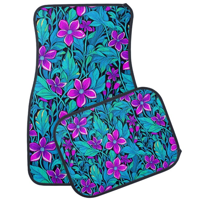 Pretty Purple and Teal Blue Floral Car Floor Mat (Set)