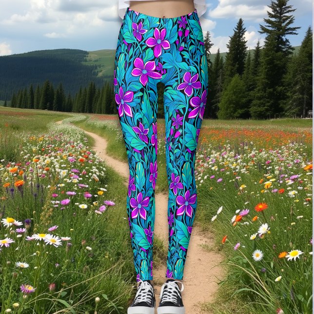 Pretty Purple and Teal Blue Floral Leggings (Creator Uploaded)