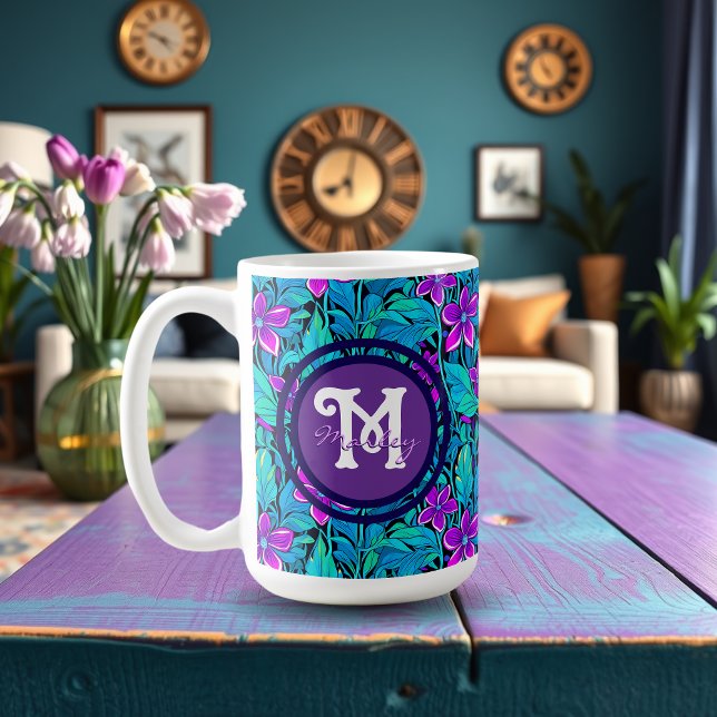 Pretty Purple and Teal Blue Floral Personalized Coffee Mug (Creator Uploaded)