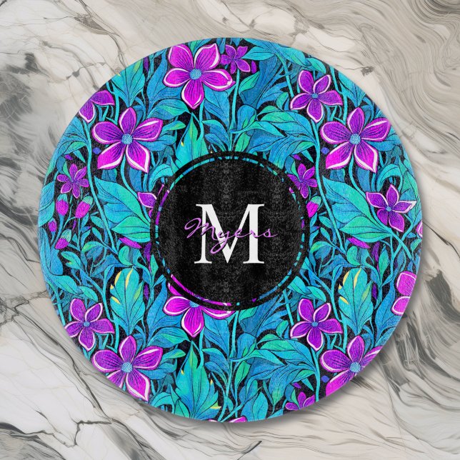 Pretty Purple and Teal Blue Floral Personalized Cutting Board (Creator Uploaded)