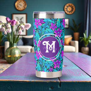 Pretty Purple and Teal Blue Floral Personalized Insulated Tumbler