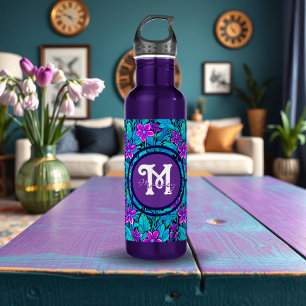 Pretty Purple and Teal Blue Floral Personalized Stainless Steel Water Bottle