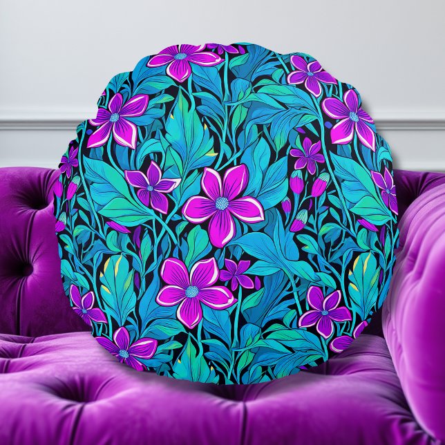 Pretty Purple and Teal Blue Floral Round Pillow (Creator Uploaded)