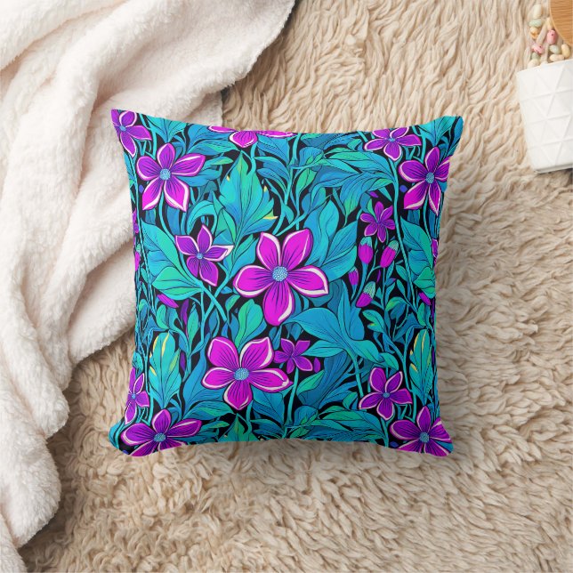 Pretty Purple and Teal Blue Floral Throw Pillow (Blanket)