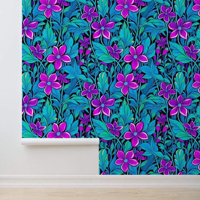 Pretty Purple and Teal Blue Floral Wallpaper (Application)