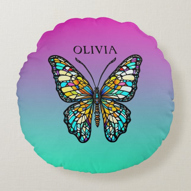 Pretty Purple and Teal Butterfly Personalized Round Pillow (Front)