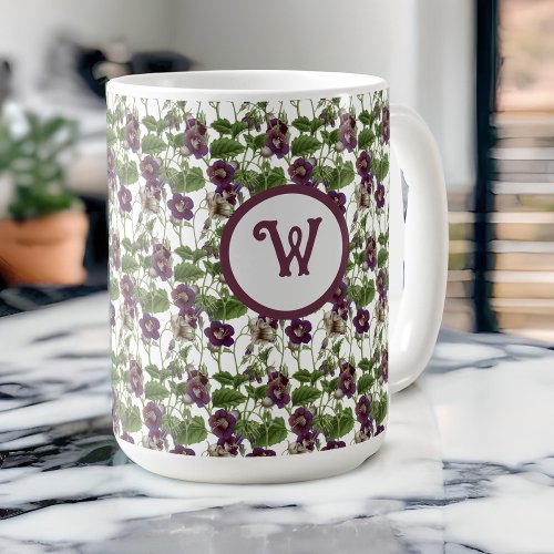 Pretty purple and white floral vines with initial coffee mug