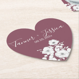 Pretty Purple and White Floral Wedding Heart Paper Coaster