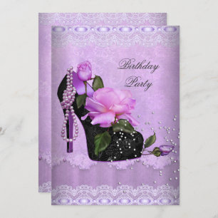 Pretty Purple Birthday Party Rose Hi Heel Lace Invitation
