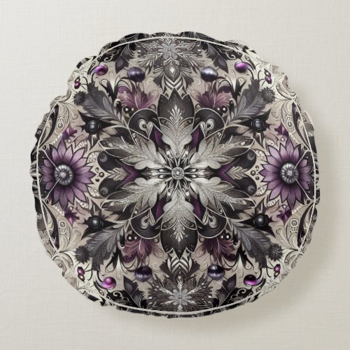 Pretty Purple Black and Taupe Chirstmas Round Pillow