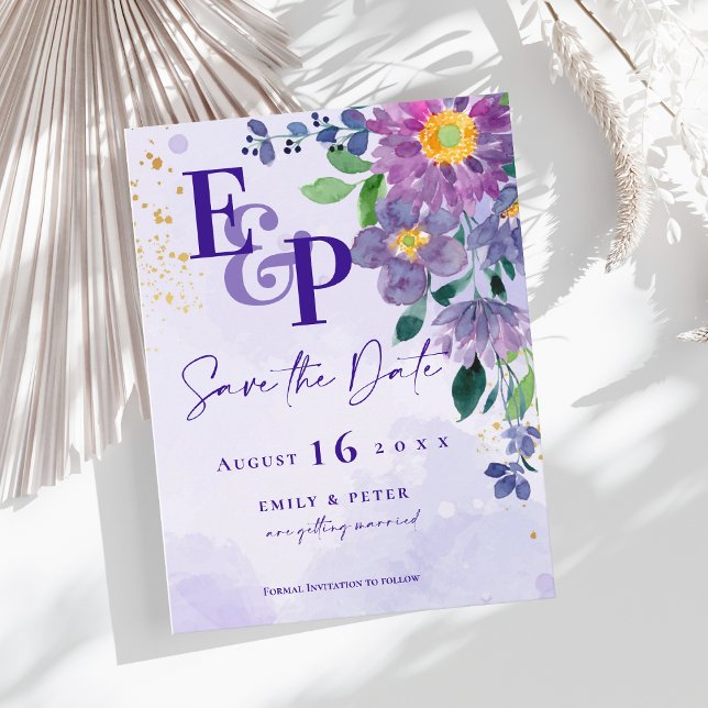 Pretty Purple Blue Floral Wedding Save the Date Postcard (Pretty Purple Blue Floral Wedding Save the Date Postcard)