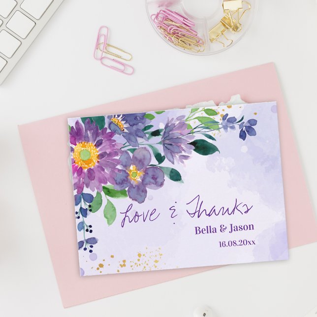 Pretty Purple Blue Floral Wedding Thank You Postcard (Pretty Purple Blue Floral Wedding Thank You Postcard)