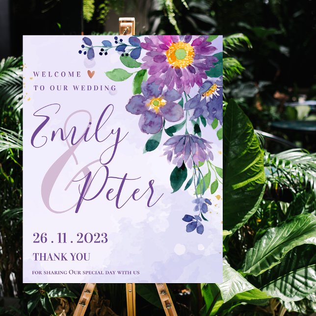 Pretty Purple Blue Floral Wedding Welcome Poster (Creator Uploaded)