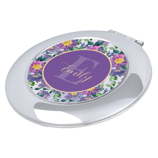 Pretty Purple Blue Florals Monogram  Compact Mirror (Turned)