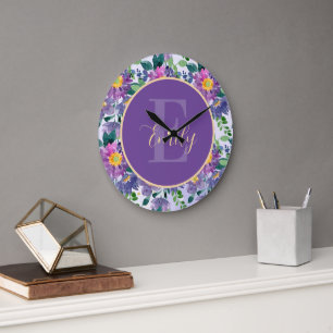 Pretty Purple Blue Florals Monogram Large Clock