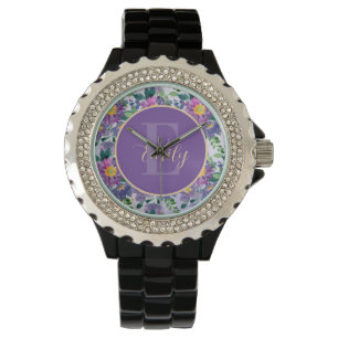 Pretty Purple Blue Florals Monogram Watch