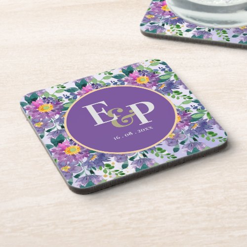 Pretty Purple Blue Florals Monogram Wedding Party Beverage Coaster