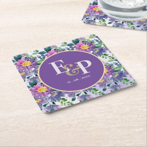 Pretty Purple Blue Florals Monogram Wedding Party  Square Paper Coaster