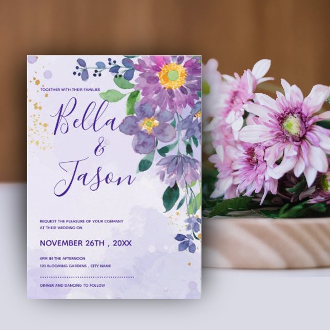 Pretty Purple Blue Watercolor Floral Wedding Invitation (Creator Uploaded)