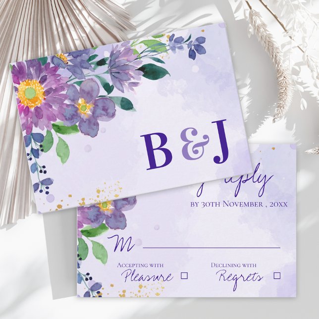Pretty Purple Blue Watercolor Floral Wedding RSVP Card (Pretty Purple Blue Watercolor Floral Wedding RSVP Card)