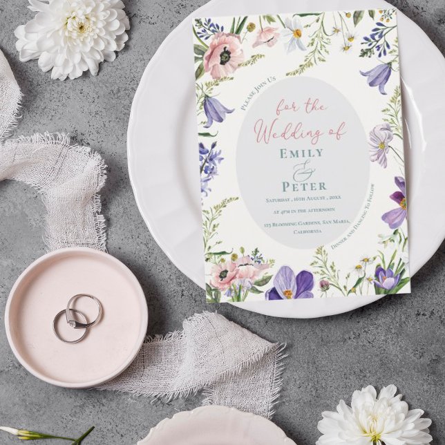 Pretty Purple Blush Pink Floral Border Wedding Inv Invitation (Pretty Purple Blush Pink Floral Border Wedding  Invitation)