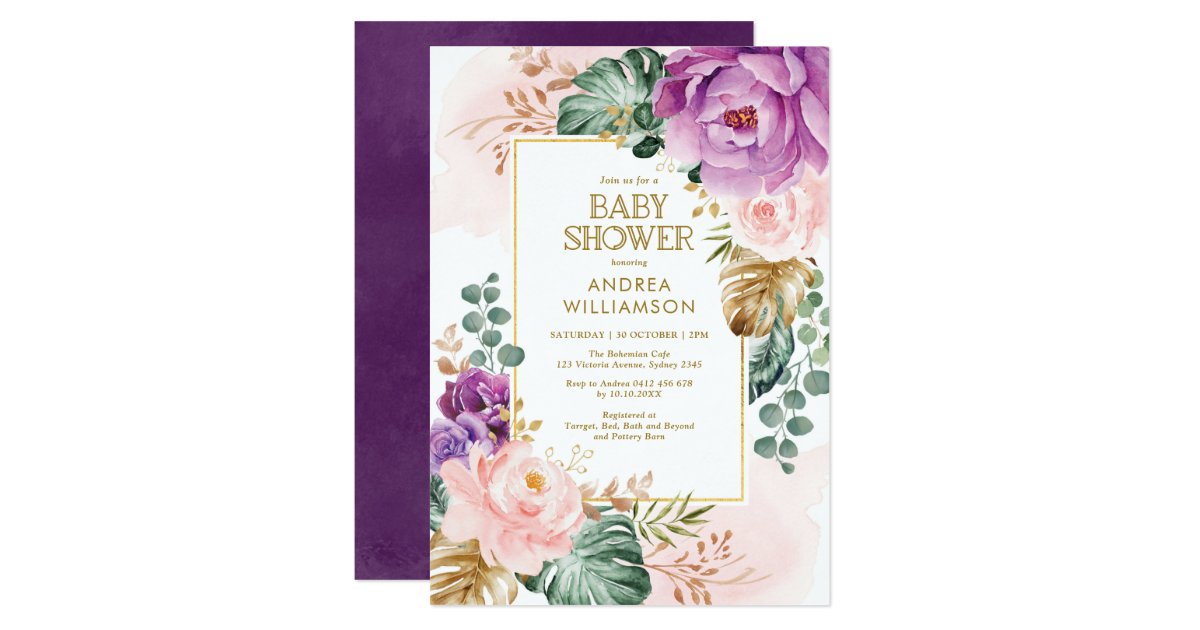 Pretty Purple Blush Tropical Boho Chic Baby Shower Invitation