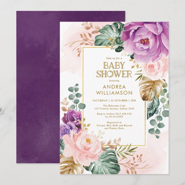 Pretty Purple Blush Tropical Boho Chic Baby Shower Invitation (Front/Back)
