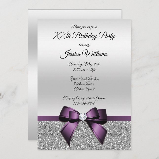 Pretty Purple Bow & Silver Glitters Birthday Invitation (Front/Back)