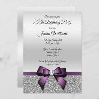 Pretty Purple Bow & Silver Glitters Birthday Invitation by Sarah_Designs at Zazzle