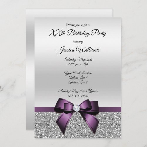 Pretty Purple Bow  Silver Glitters Birthday Invitation