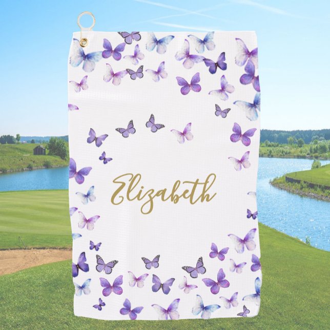 Pretty Purple Butterflies Custom Name Ladies Golf Towel (Creator Uploaded)