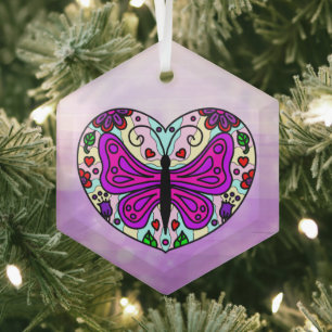 Pretty Purple Butterfly and Heart Mandala Glass Ornament