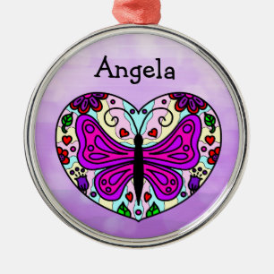 Pretty Purple Butterfly and Heart Mandala Metal Ornament