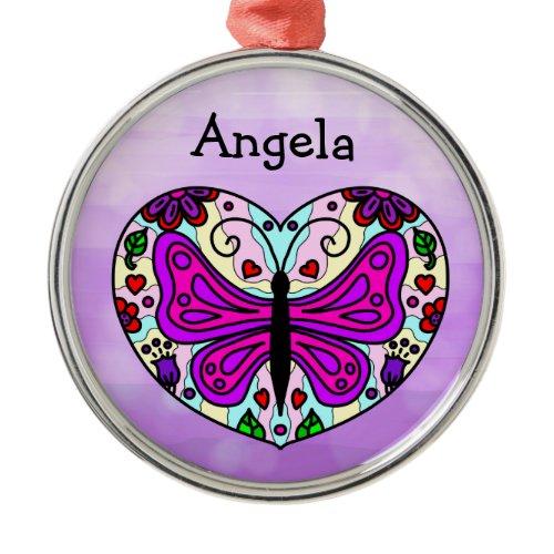 Pretty Purple Butterfly and Heart Mandala     Metal Ornament
