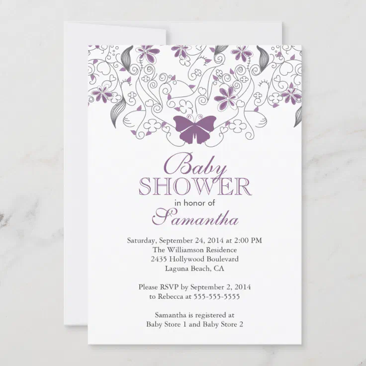 Pink gold purple butterfly girl baby shower invitation