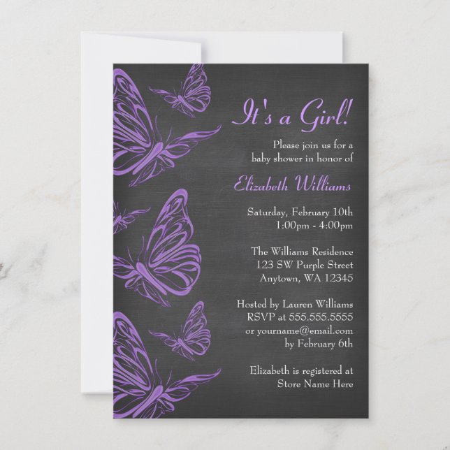 Pretty Purple Butterfly Chalkboard Baby Shower Invitation (Front)