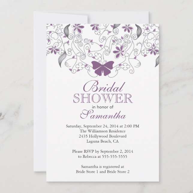 Pretty Purple Butterfly Floral Bridal Shower Invitation (Front)