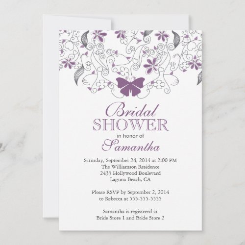 Pretty Purple Butterfly Floral Bridal Shower Invitation