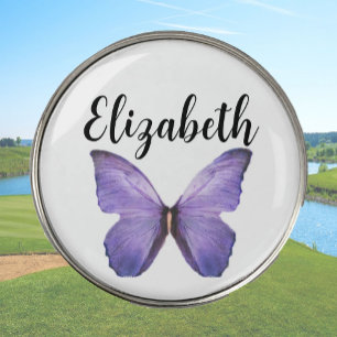 Pretty purple butterfly with custom name ladies golf ball marker